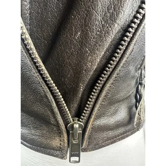 Unik Distressed Brown Leather Braided Moto Motorcycle Jacket Cross Zip Size XS - Picture 8 of 16